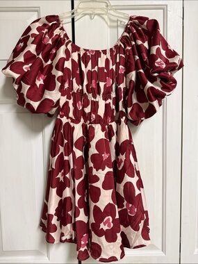 Altar'd State Burgundy and Cream Floral Puff-Sleeve Mini Dress